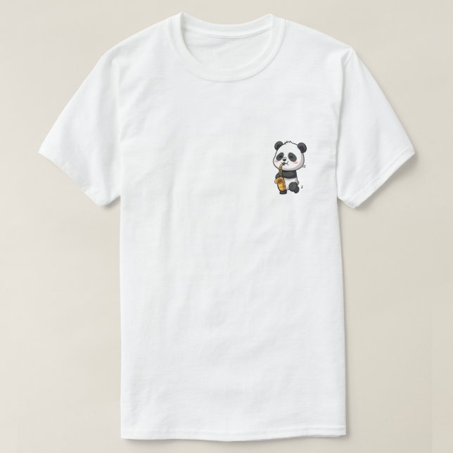 Cute Cartoon Panda Playing Golden Saxophone T-Shirt (Design Front)