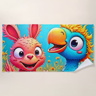 Cute Cartoon Parrot Bunny Art Beach Towel