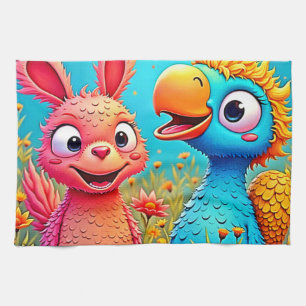 Cute Cartoon Parrot Bunny Art Tea Towel