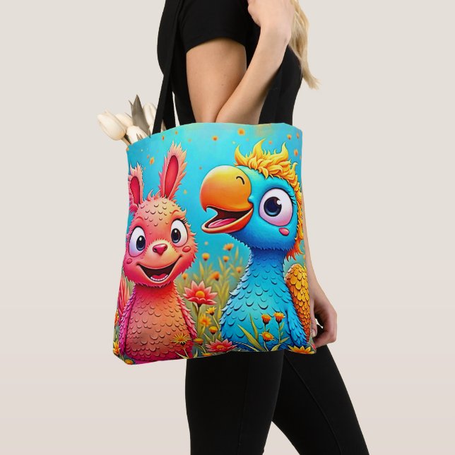 Cute Cartoon Parrot Bunny Art Tote Bag (Close Up)