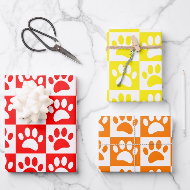Cute Cartoon Paw Prints Chequerboard Bright Colour Wrapping Paper Sheet (Front)