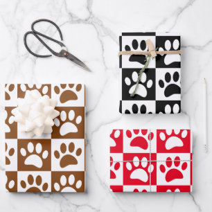 Cute Cartoon Paw Prints Chequerboard Wrapping Paper Sheet