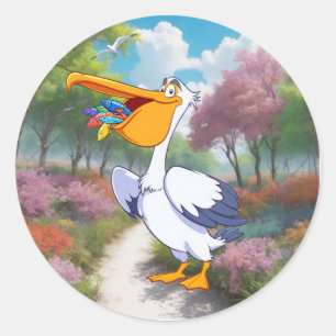 Cute Cartoon Pelican with Fish, sea bird Classic Round Sticker