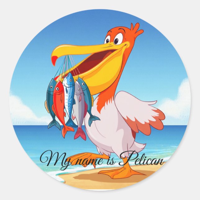Cute Cartoon Pelican with Fish Sticker (Front)