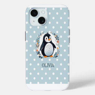 Cute Cartoon Penguin and Flowers iPhone 15 Case
