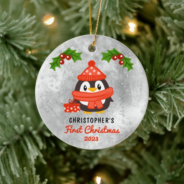 Cute Cartoon Penguin Baby's First Christmas Photo  Ceramic Ornament (Tree)