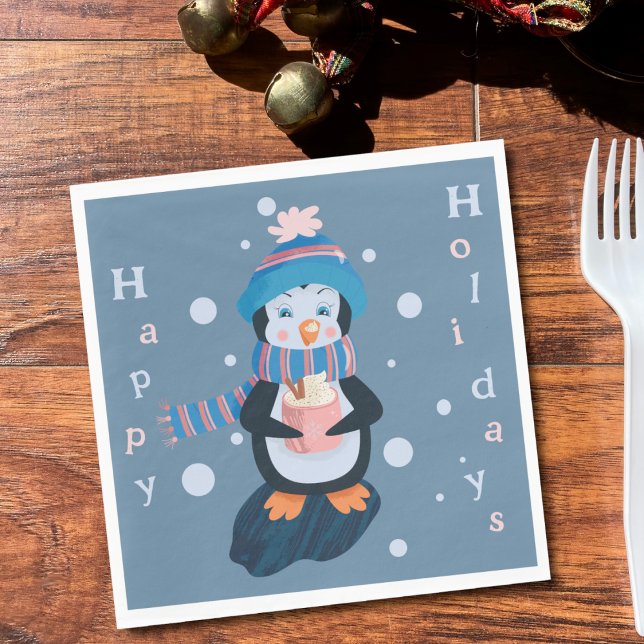 Cute Cartoon Penguin Blue Holidays Paper Napkin (Cute cartoon penguin Holidays blue paper napkin . )