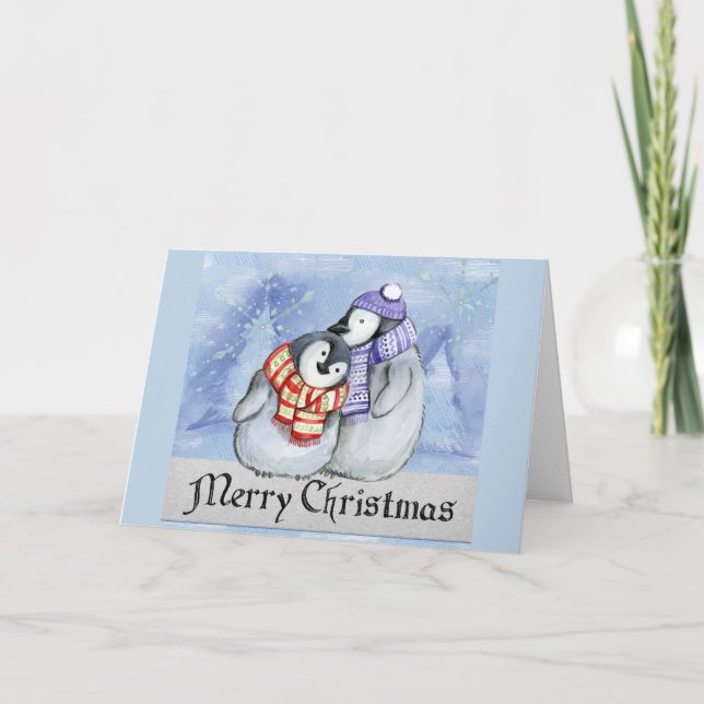 Cute Cartoon Penguin Couple Merry Christmas Wish Card (Front)