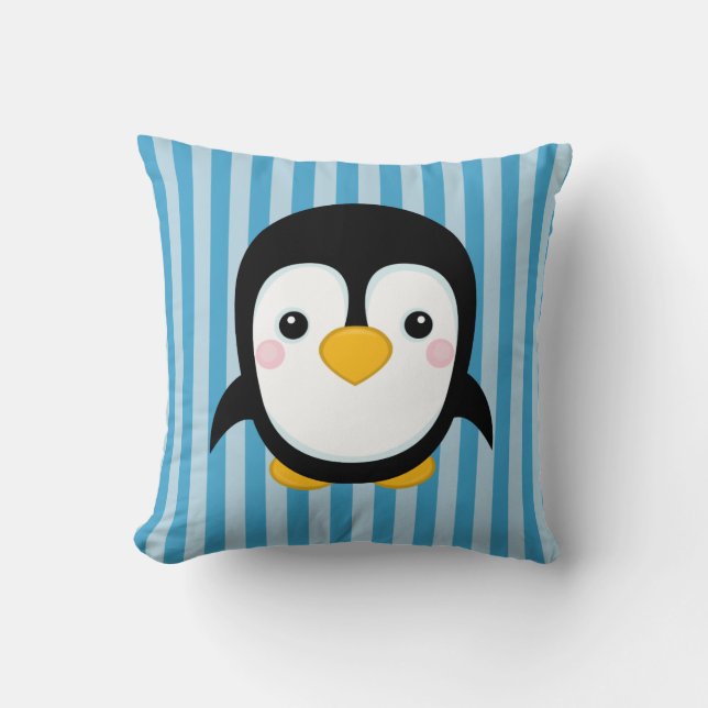 Cute Cartoon Penguin Design Blue Stripes Pattern Cushion (Front)