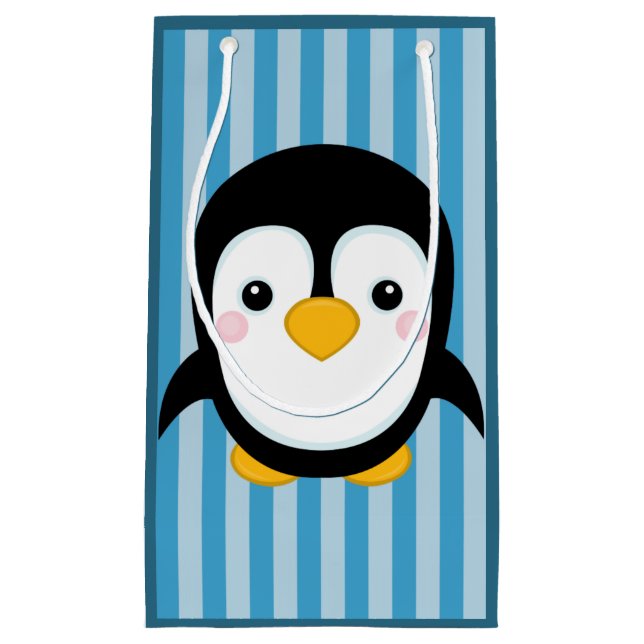 Cute Cartoon Penguin Design Blue Stripes Pattern Small Gift Bag (Front)