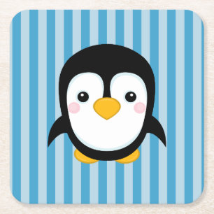 Cute Cartoon Penguin Design Blue Stripes Pattern Square Paper Coaster