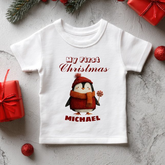 Cute Cartoon Penguin First Christmas Custom Name  Baby T-Shirt (Creator Uploaded)