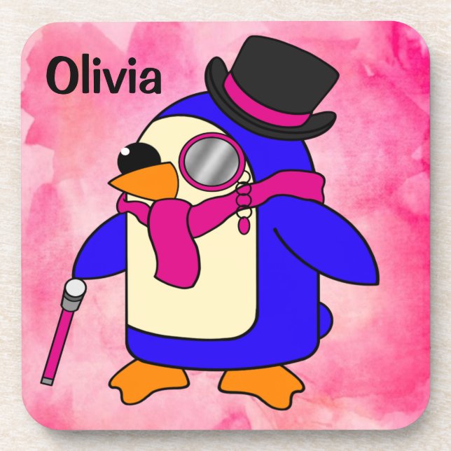 Cute cartoon penguin flowery pink coaster (Front)