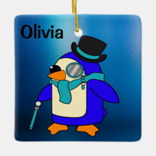 Cute cartoon penguin frosty blue ceramic ornament