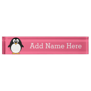 Cute Cartoon penguin Illustration Hot Pink Black Nameplate