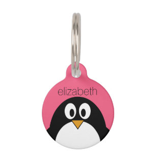 Cute Cartoon penguin Illustration Hot Pink Black Pet Tag