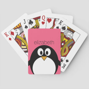 Cute Cartoon penguin Illustration Hot Pink Black Playing Cards