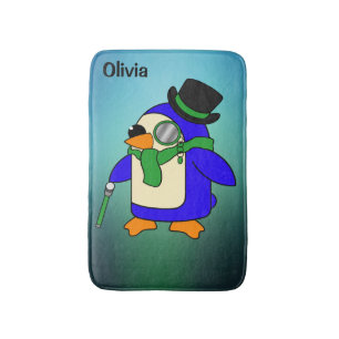 Cute cartoon penguin light teal emerald green bath mat
