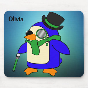 Cute cartoon penguin light teal emerald green mouse pad