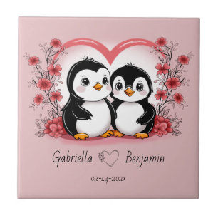 Cute Cartoon Penguin Lovers Heart Valentine’s Day Ceramic Tile