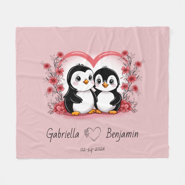 Cute Cartoon Penguin Lovers Heart Valentine’s Day  Fleece Blanket (Front (Horizontal))