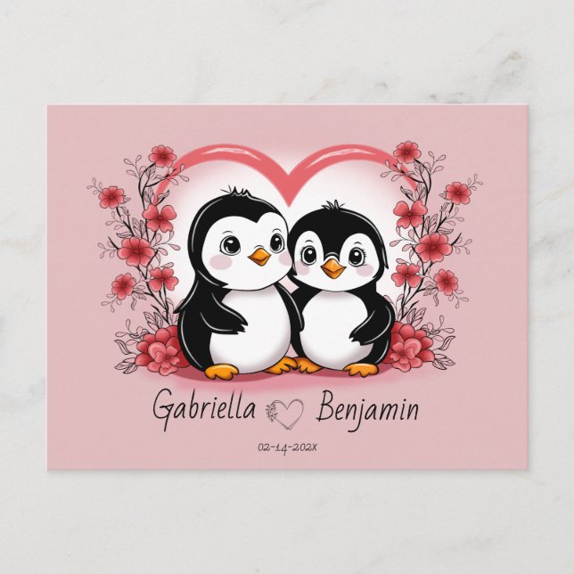 Cute Cartoon Penguin Lovers Heart Valentine’s Day Postcard (Front)