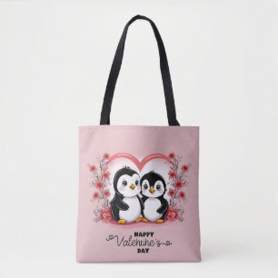 Cute Cartoon Penguin Lovers Heart Valentine’s Day Tote Bag