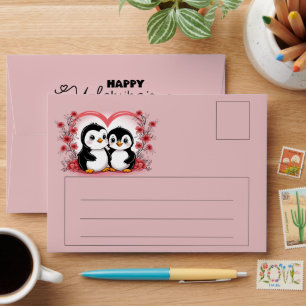 Cute Cartoon Penguin Lovers Hearts Valentine’s Day Envelope