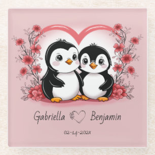 Cute Cartoon Penguin Lovers Hearts Valentine’s Day Glass Coaster