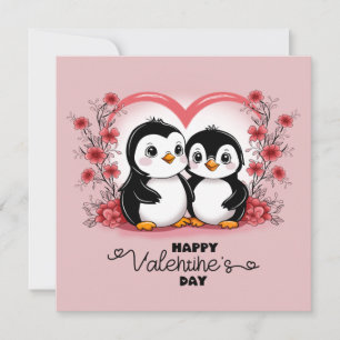 Cute Cartoon Penguin Lovers Hearts Valentine’s Day Holiday Card