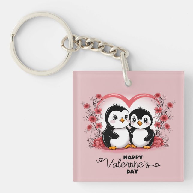 Cute Cartoon Penguin Lovers Hearts Valentine’s Day Key Ring (Front)