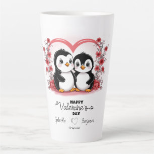 Cute Cartoon Penguin Lovers Hearts Valentine’s Day Latte Mug
