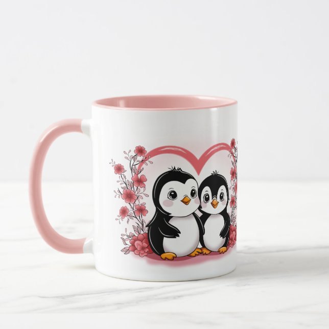 Cute Cartoon Penguin Lovers Hearts Valentine’s Day Mug (Left)