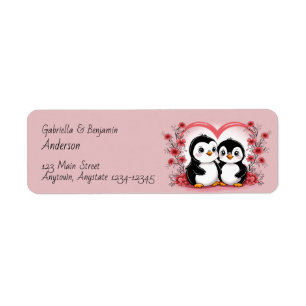 Cute Cartoon Penguin Lovers Hearts Valentine’s Day Return Address Label