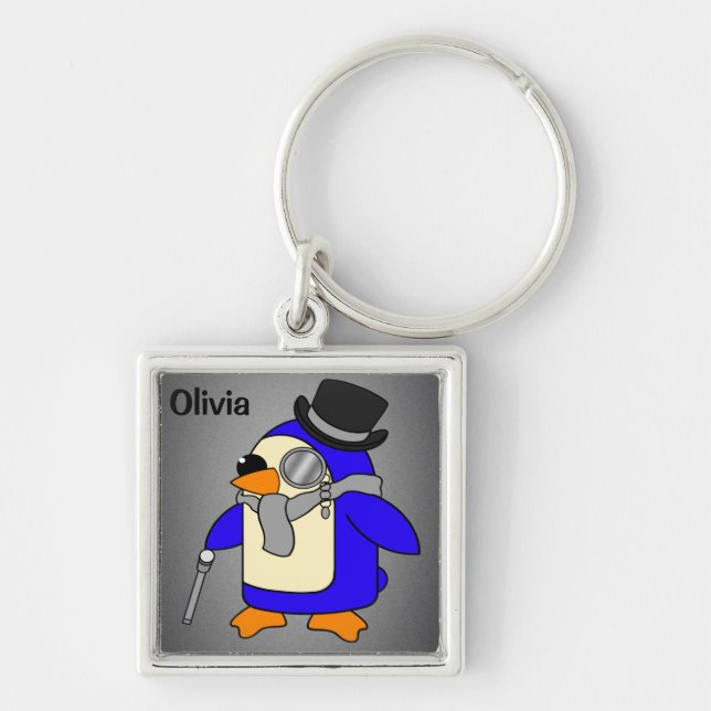Cute cartoon penguin neutral gray key ring (Front)