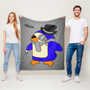 Cute cartoon penguin neutral grey fleece blanket