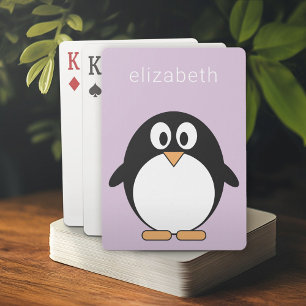 Cute Cartoon Penguin Pastel Purple Modern Name Playing Cards