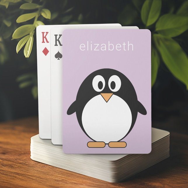 Cute Cartoon Penguin Pastel Purple Modern Name Playing Cards (Personalized playing cards)