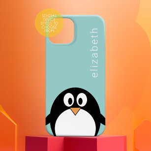 Cute Cartoon Penguin Pastel Teal Blue Modern Name Case-Mate iPhone 14 Case