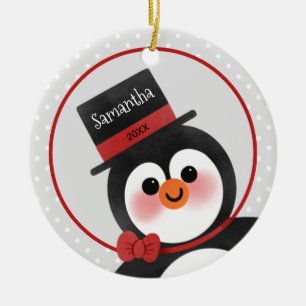 Cute Cartoon Penguin Personalised Name Photo Ceramic Ornament