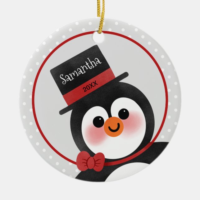 Cute Cartoon Penguin Personalised Name Photo Ceramic Ornament (Front)
