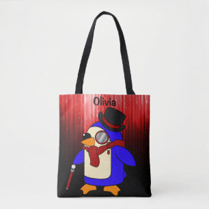 Cute cartoon penguin red and black tote bag