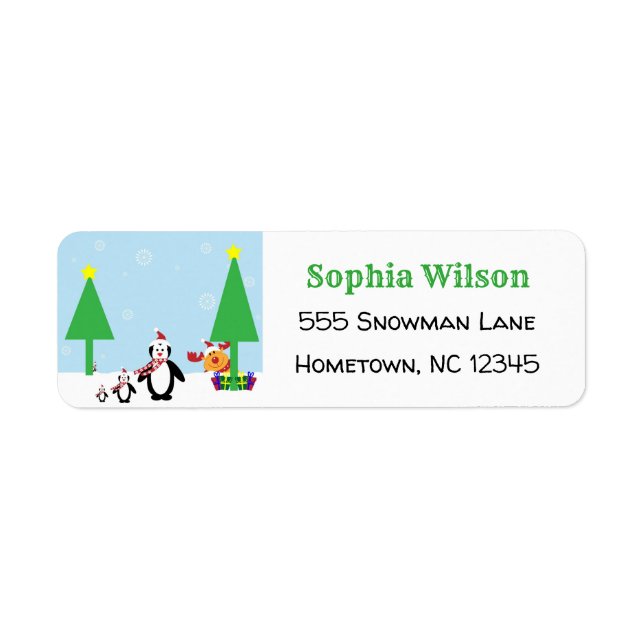 Cute Cartoon Penguin Reindeer Fun Winter Return Address Label (Front)