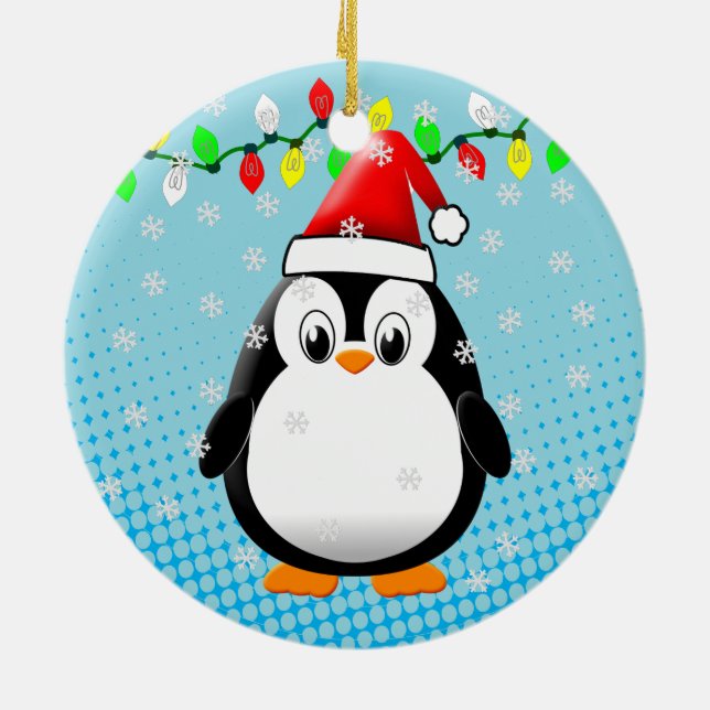 Cute Cartoon Penguin Santa Hat Christmas Lights  Ceramic Ornament (Back)