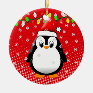 Cute Cartoon Penguin Santa Hat Christmas Lights  Ceramic Ornament