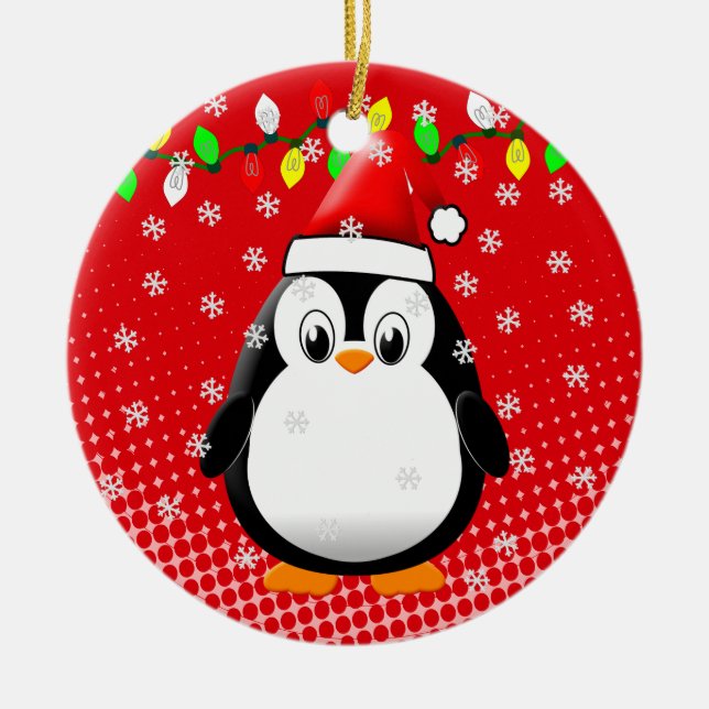 Cute Cartoon Penguin Santa Hat Christmas Lights  Ceramic Ornament (Front)