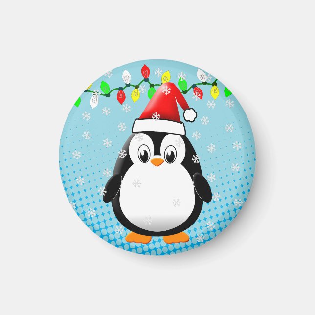 Cute Cartoon Penguin Santa Hat Christmas Lights Magnet (Front)