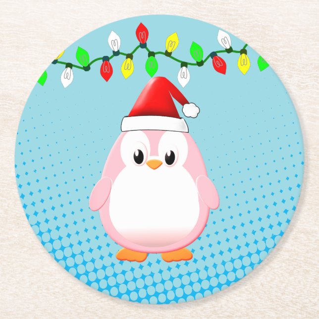 Cute Cartoon Penguin Santa Hat Christmas Lights Round Paper Coaster (Front)