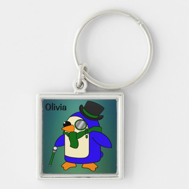 Cute cartoon penguin teal dark emerald green key ring (Front)