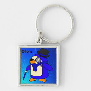 Cute cartoon penguin ultramarine blue key ring